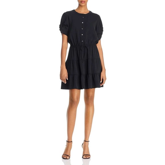 Rebecca Minkoff Aston Black Tiered Mini Dress Elastic Waist Puff Twist Sleeve XS - Picture 1 of 13